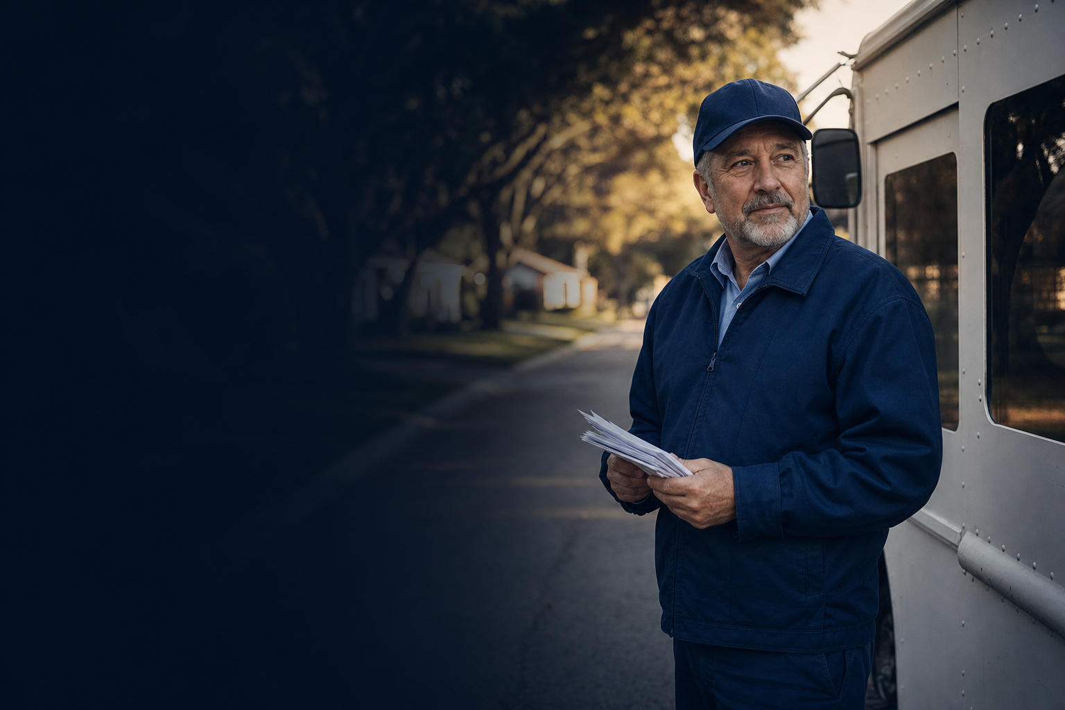 A veteran U.S. Postal Service mail carrier on his delivery route beside his mail truck in late afternoon light
