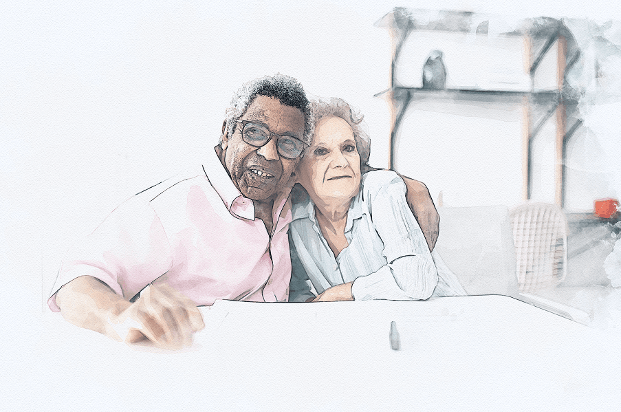 Watercolor illustration of a retired couple smiling together at a table
