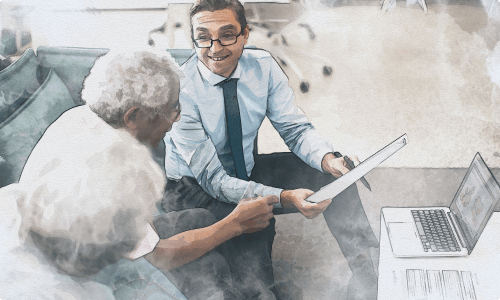Watercolor illustration of a consultant showing a retiree a report on a tablet