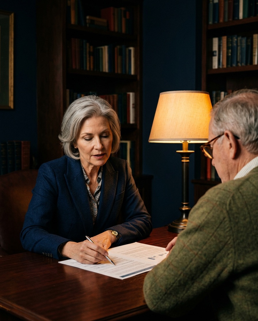 A consultant walking a client through a printed benefits report at a desk in a quiet office