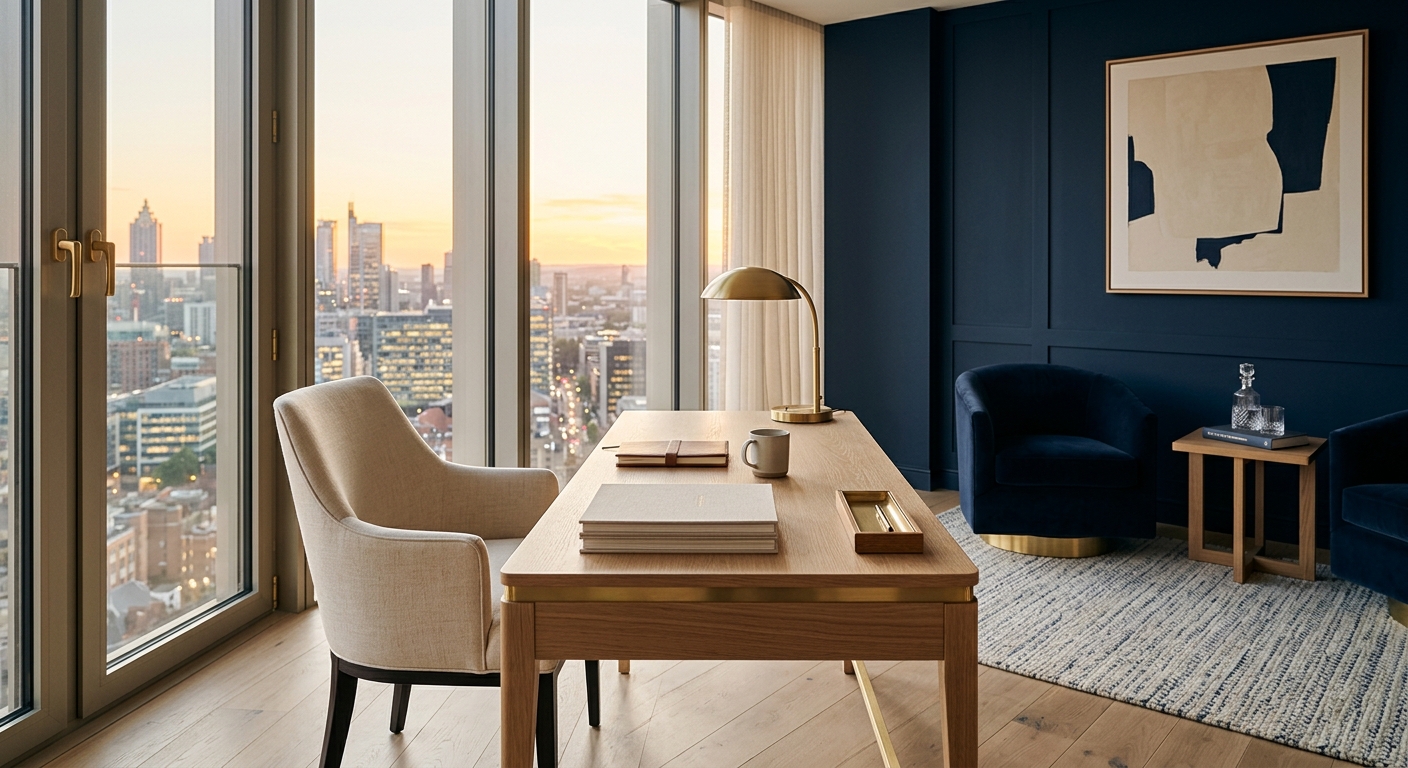 A calm private advisory office with warm lamp light and brass details