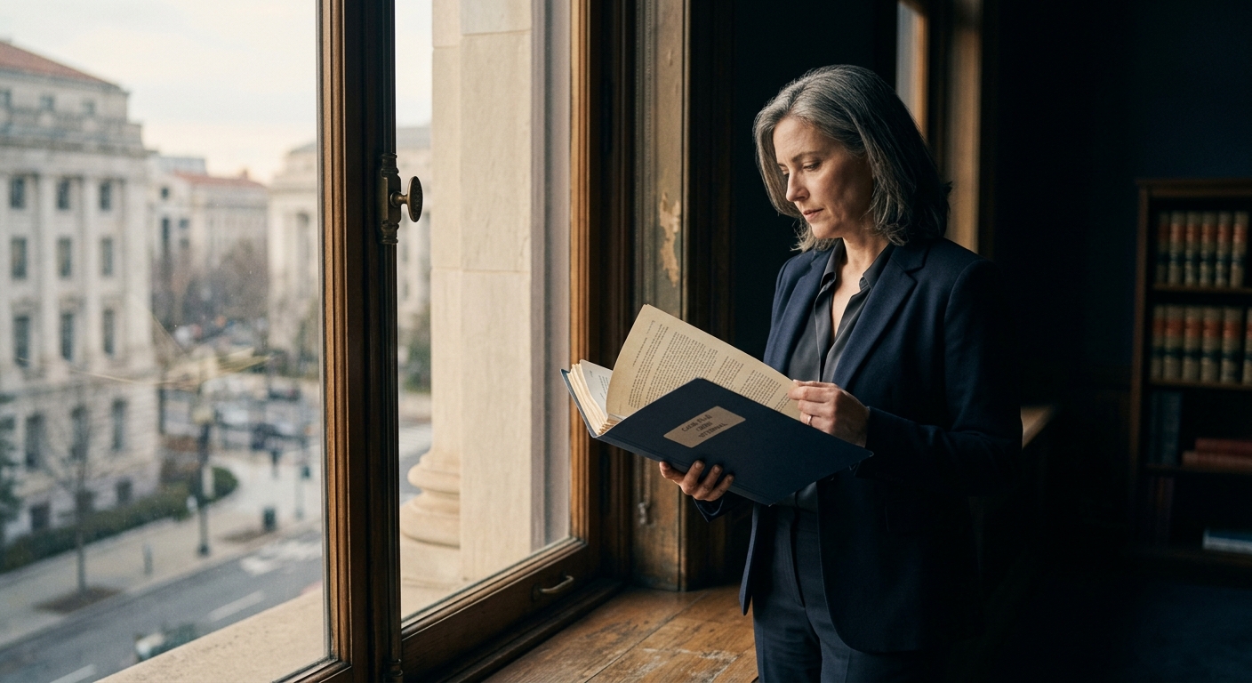A federal employee reading benefit documents by an office window, warm light fading to navy shadow