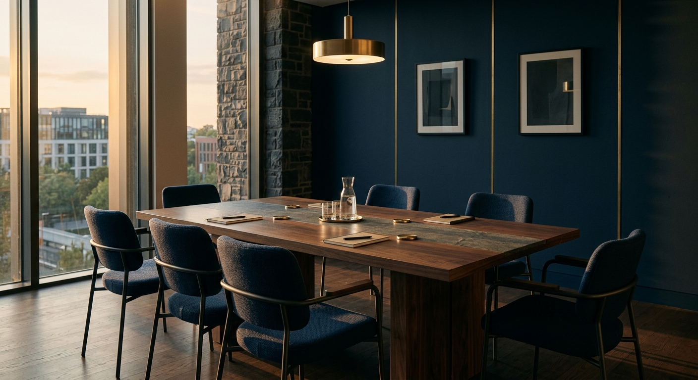 A calm civic advisory office interior at golden hour with a navy accent wall and brass details