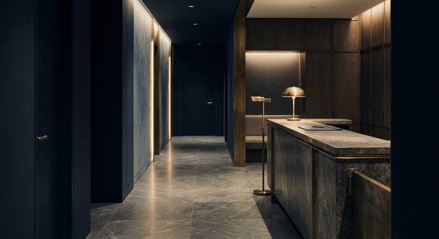 A quiet civic office reception with brass detail and warm lamp light fading into navy shadow