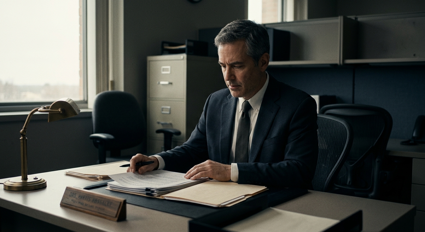 A mid-career federal employee reviewing benefit paperwork at a desk by window light in a government office