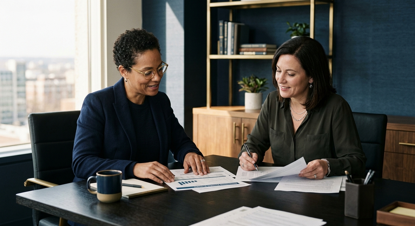 A consultant and a federal employee reviewing documents together at a table in a calm office
